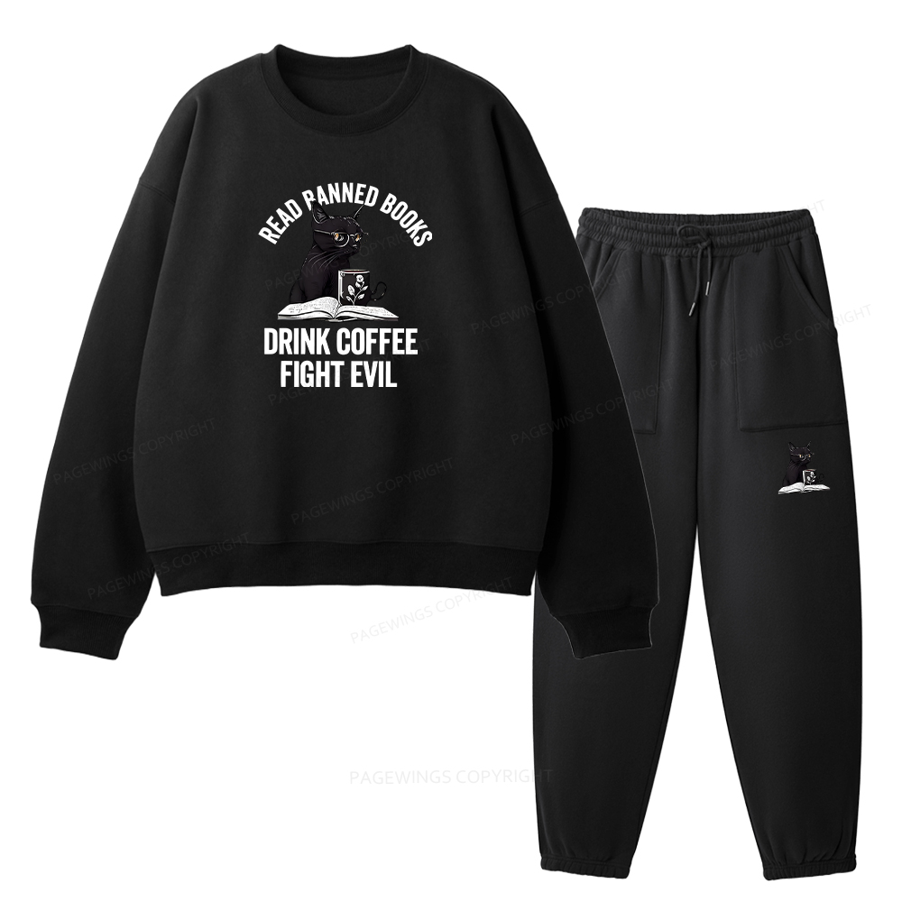 Pagewings Read Books Drink Coffee Fight Evil Unisex Fleece Sweatshirt Set 