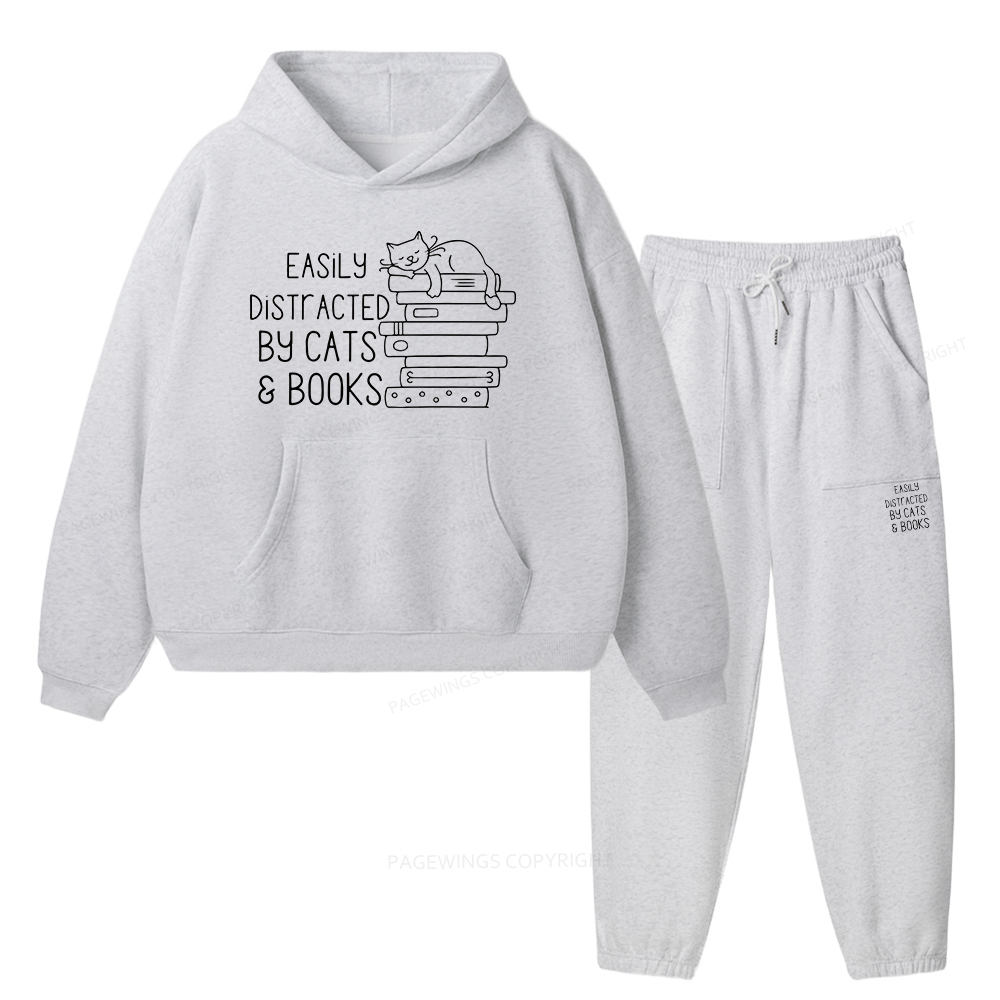Pagewings Easily Distracted By Cats and Books Unisex Fleece Hoodie Set