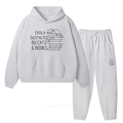 Pagewings Easily Distracted By Cats and Books Unisex Fleece Hoodie Set