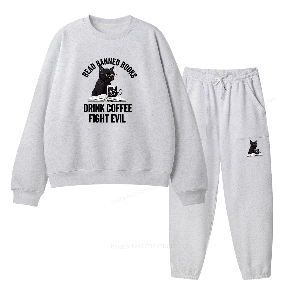 Pagewings Read Books Drink Coffee Fight Evil Unisex Fleece Sweatshirt Set 