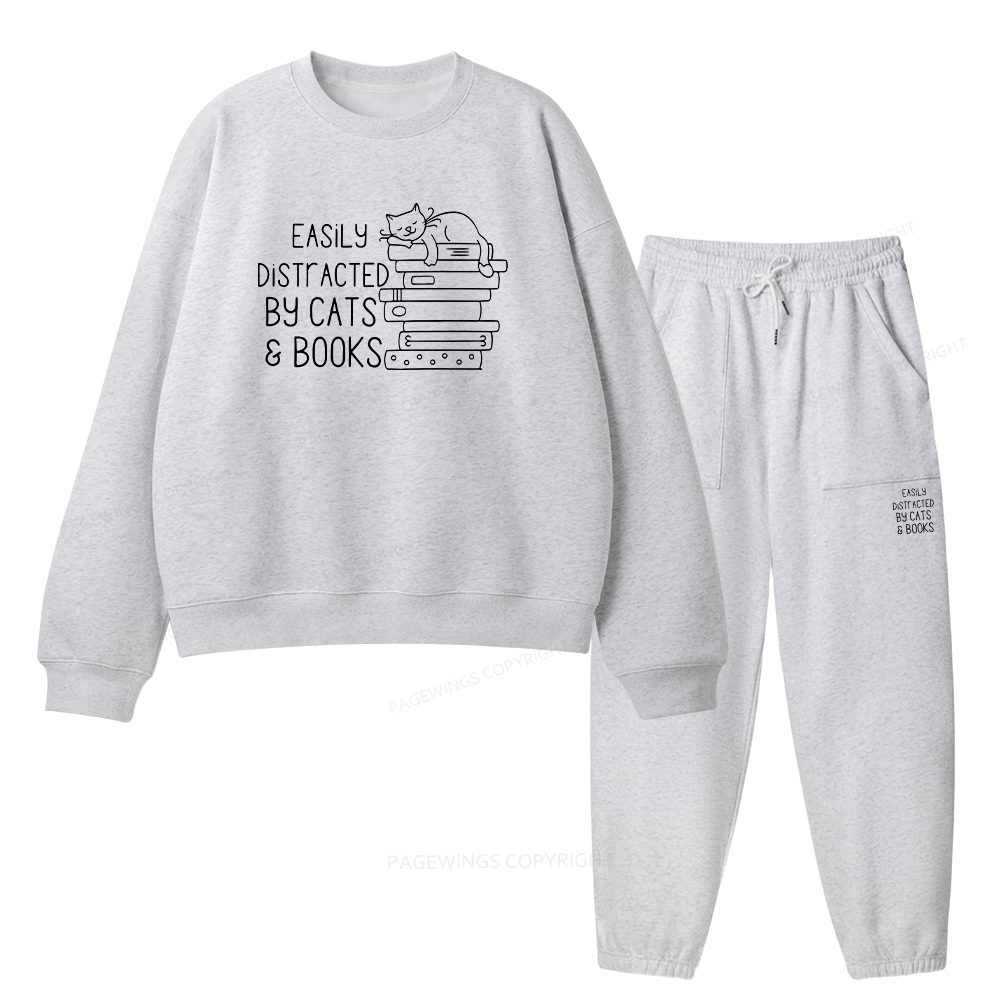 Pagewings Easily Distracted By Cats and Books Unisex Fleece Sweatshirt Set 