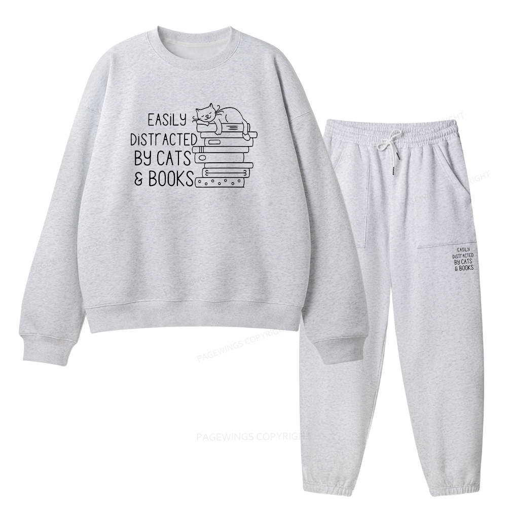 Pagewings Easily Distracted By Cats and Books Unisex Fleece Sweatshirt Set 