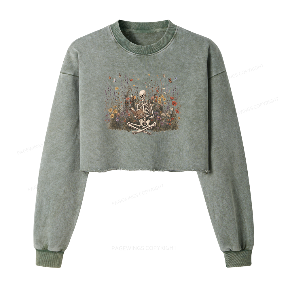 Pagewings Skeleton Reading Book Washed Crop Sweatshirt