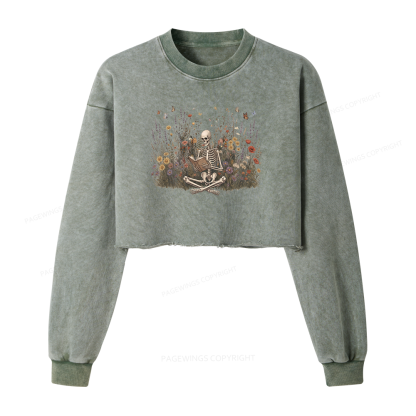 Pagewings Skeleton Reading Book Washed Crop Sweatshirt