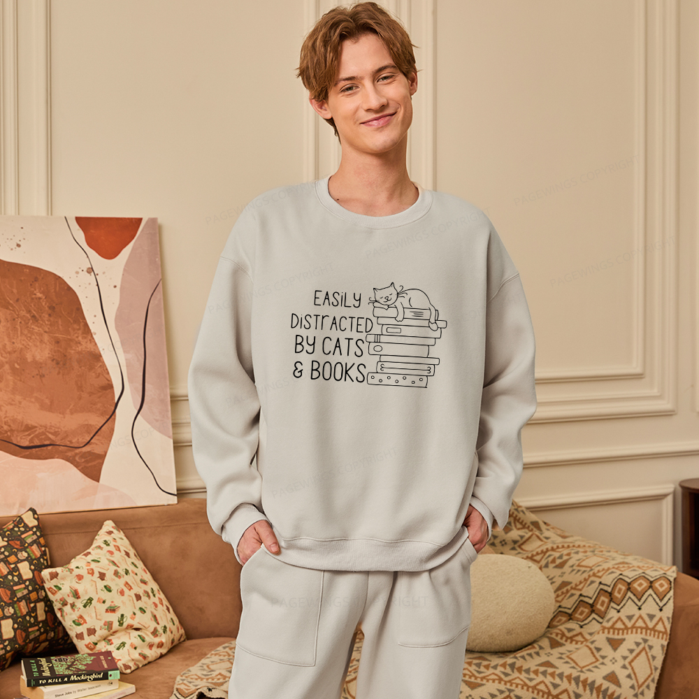 Pagewings Easily Distracted By Cats and Books Unisex Fleece Sweatshirt Set 