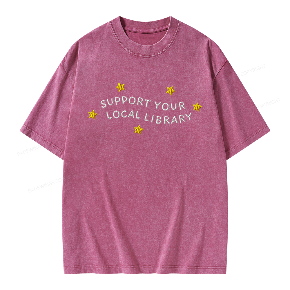 Pagewings Embroidered Support Your Local Library Unisex Washed T-shirt