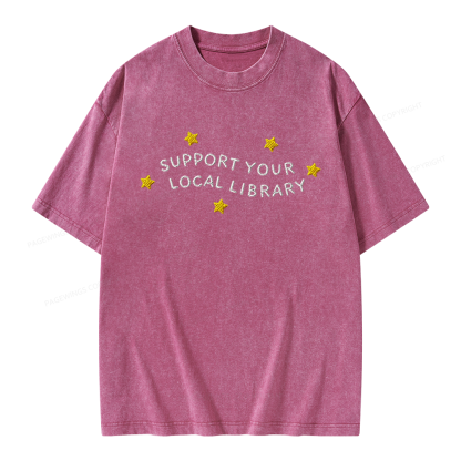 Pagewings Embroidered Support Your Local Library Unisex Washed T-shirt