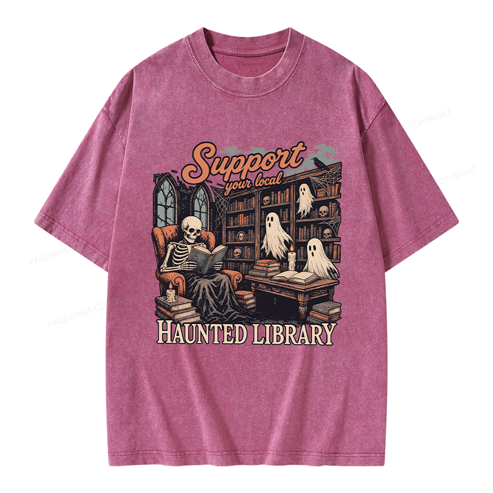 Pagewings Support Your Local Haunted Library Unisex Washed T-shirt