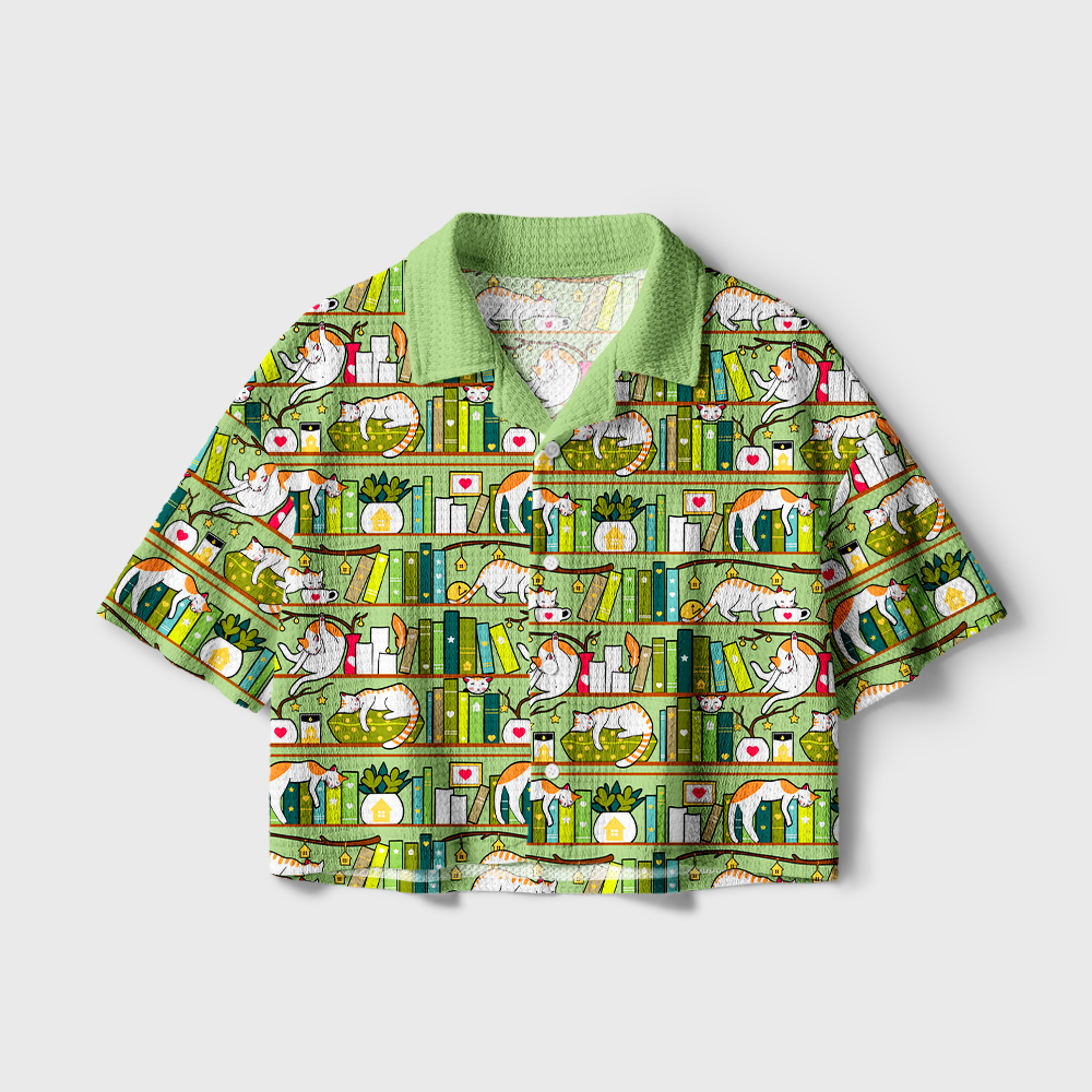 Pagewings Cat Bookshelf Camp Collar Boxy Fit Unisex Crochet Shirt