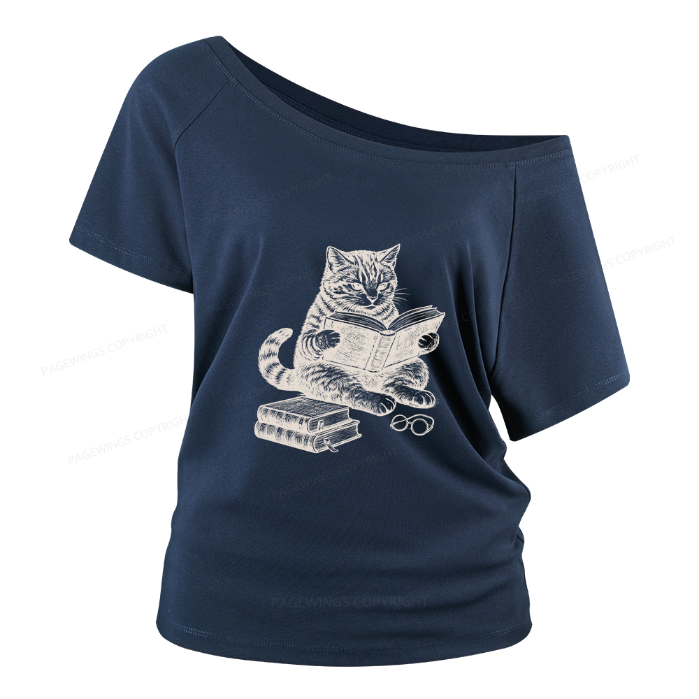 Pagewings Cat Reading Book Women Off Shoulder T-shirts