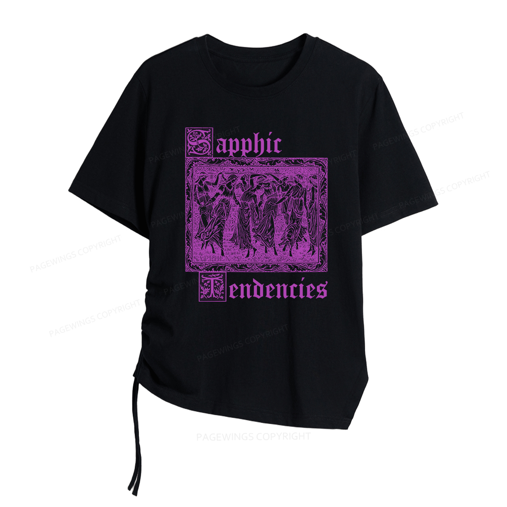 Pagewings Sapphic Tendencies Women Asymmetrical Drawstring T-Shirts