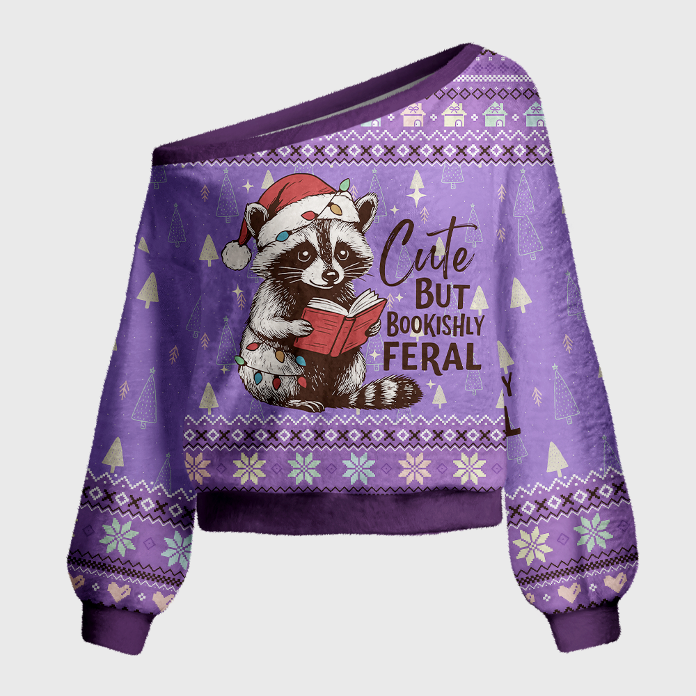 Pagewings Cute Feral Book Raccoon Off Shoulder Ugly Knit Sweater