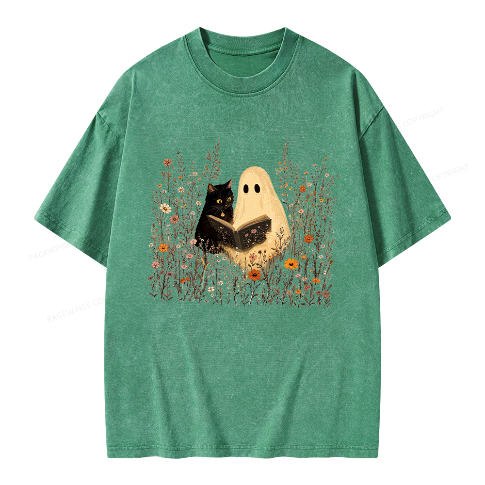 Pagewings Ghost Black Cat Reading Unisex Washed T-shirt
