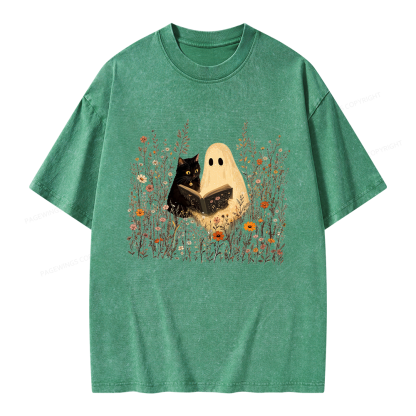 Pagewings Ghost Black Cat Reading Unisex Washed T-shirt