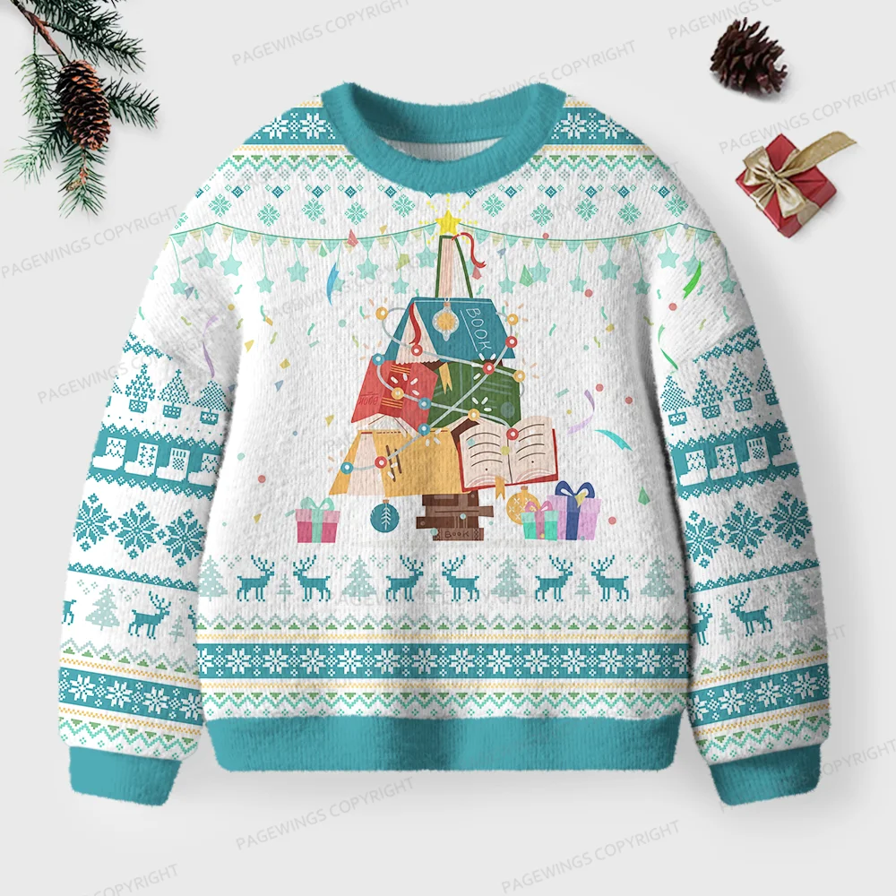 Pagewings Christmas Book Tree Unisex Ugly Knit Sweatshirt