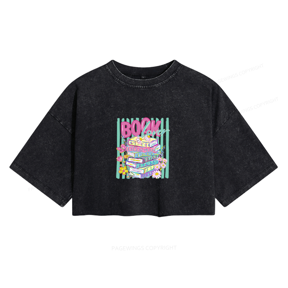 Pagewings Floral Bookish Women's Washed Cropped T-shirt
