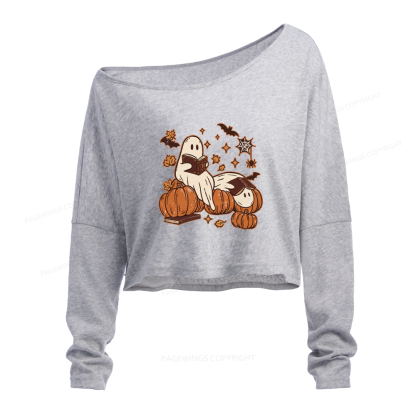 Pagewings Ghost Reading Slouchy Long Sleeve Off Shoulder T-shirt