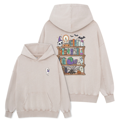 Pagewings Ghost Book Reader Halloween Unisex Washed Hoodie