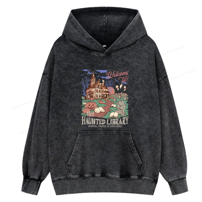Pagewings Welcome To The Haunted Library Unisex Washed Hoodie