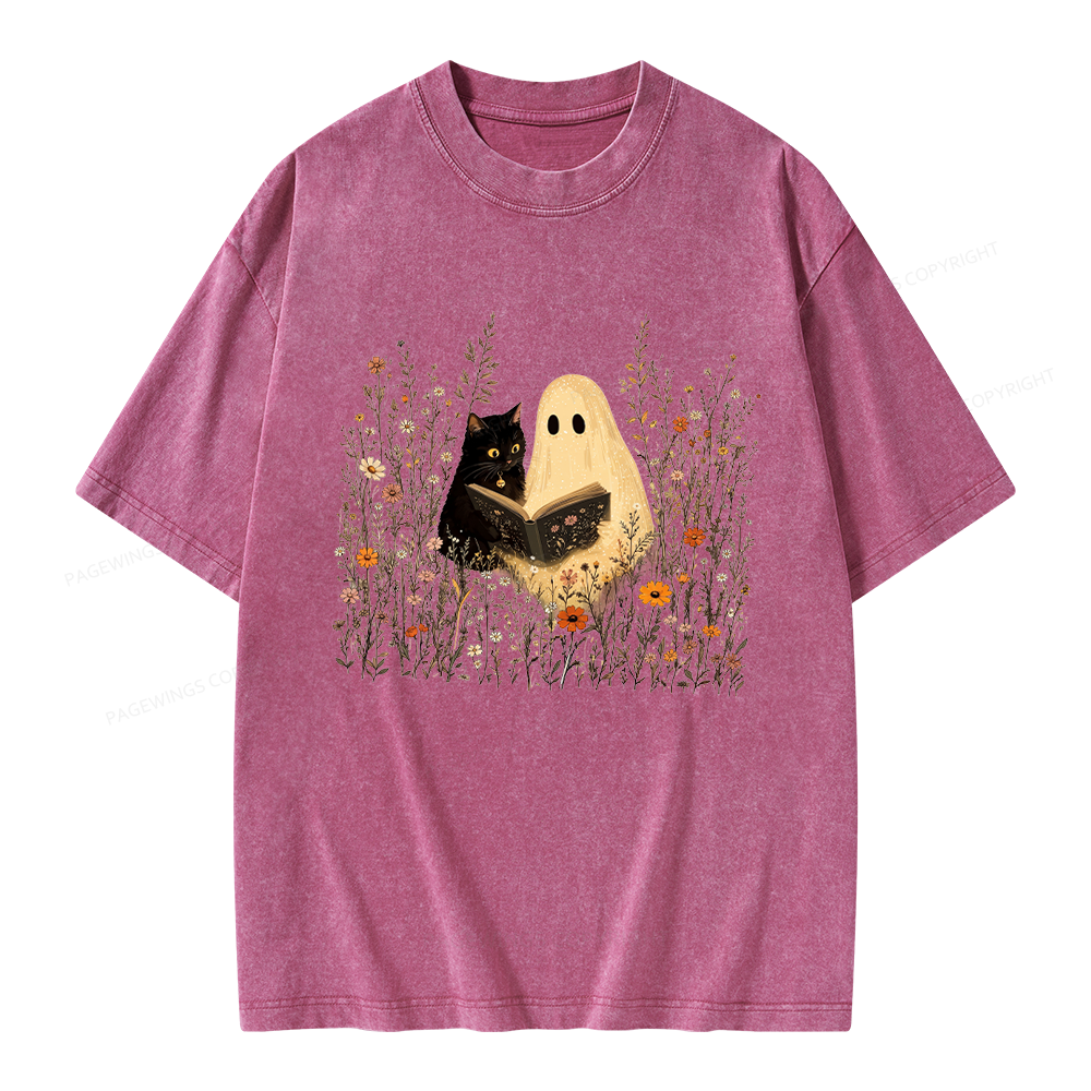 Pagewings Ghost Black Cat Reading Unisex Washed T-shirt
