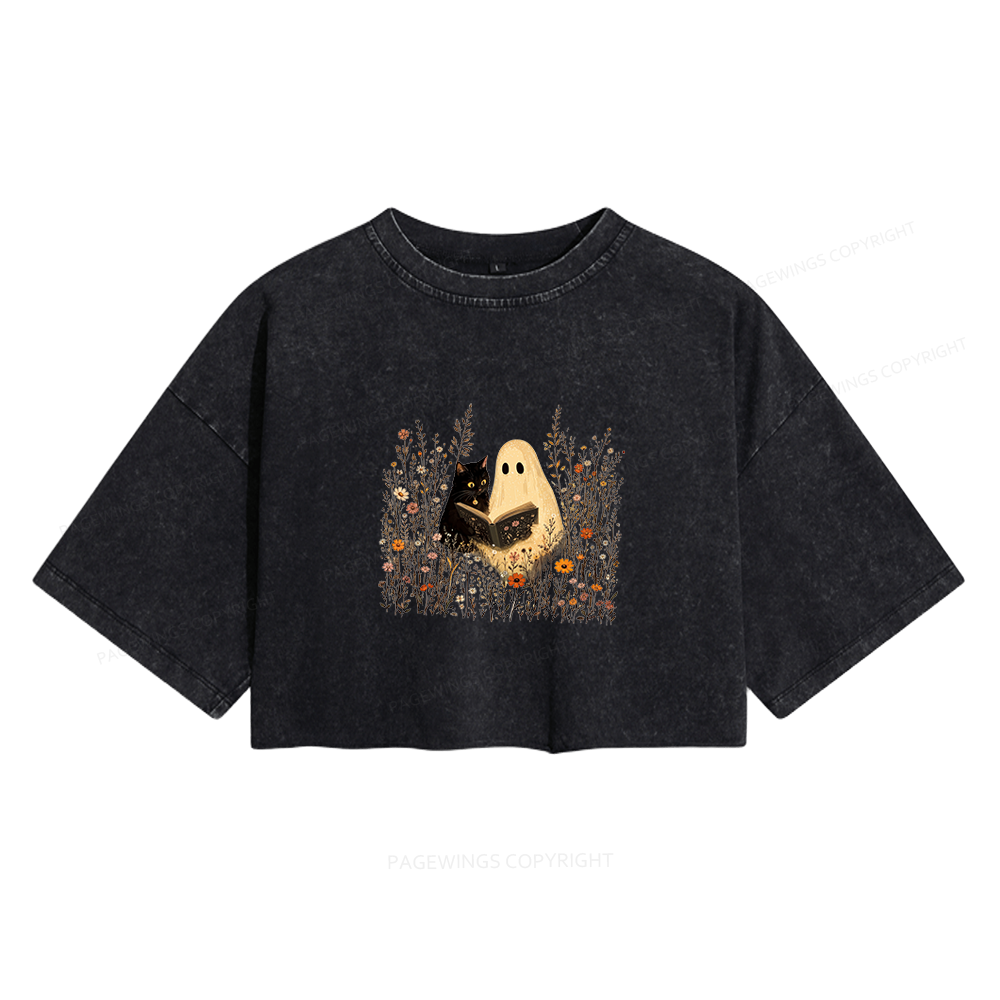 Pagewings Ghost Black Cat Reading Women's Washed Cropped T-shirt