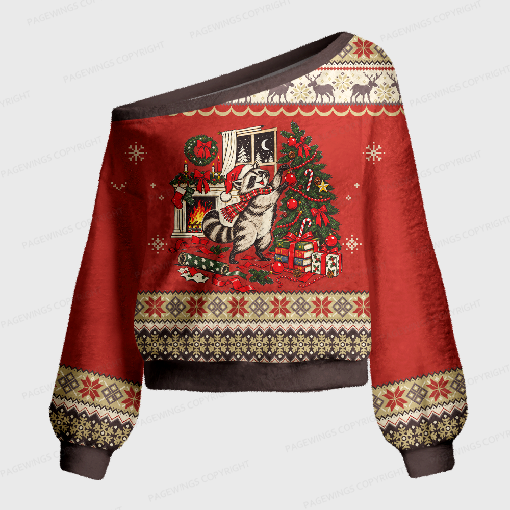 Pagewings Funny Christmas Raccoon Off Shoulder Ugly Knit Sweater