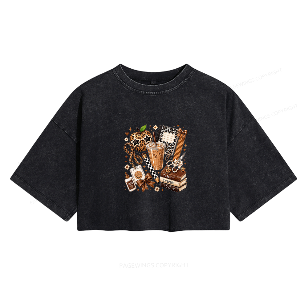 Pagewing Leopard Teacher Book Women's Washed Cropped T-shirt
