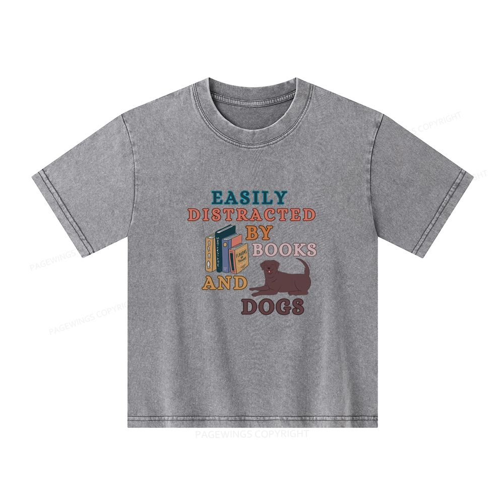 Pagewings Easily Distracted By Books And Labrador Unisex Kids Washed T-shirt