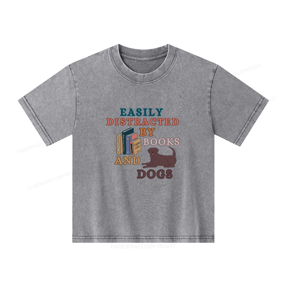 Pagewings Easily Distracted By Books And Labrador Unisex Kids Washed T-shirt