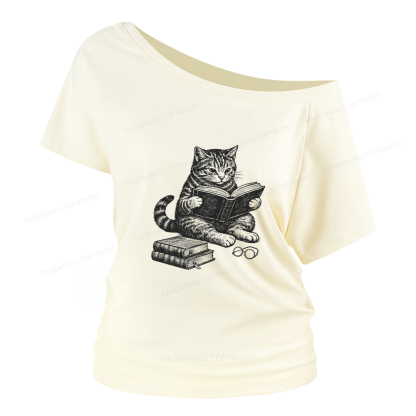 Pagewings Cat Reading Book Women Off Shoulder T-shirts