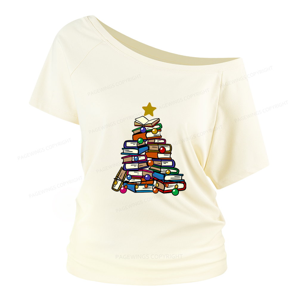 Pagewings Christmas Tree Bookworm Women Off Shoulder T-shirts