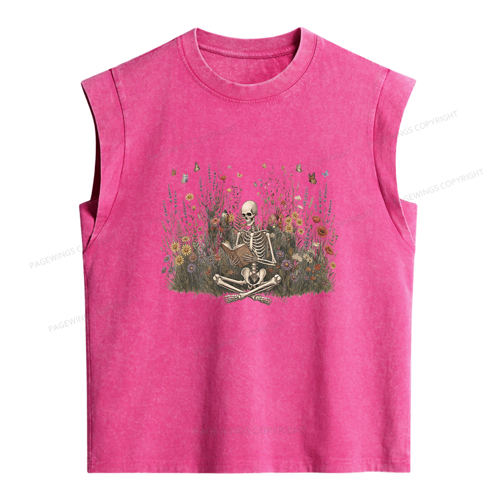 Pagewings Skeleton Reading Book Women's Washed Tank Top