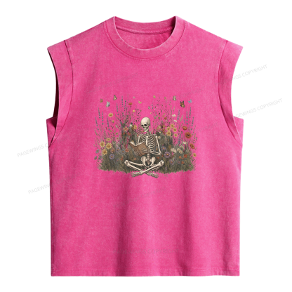 Pagewings Skeleton Reading Book Women's Washed Tank Top