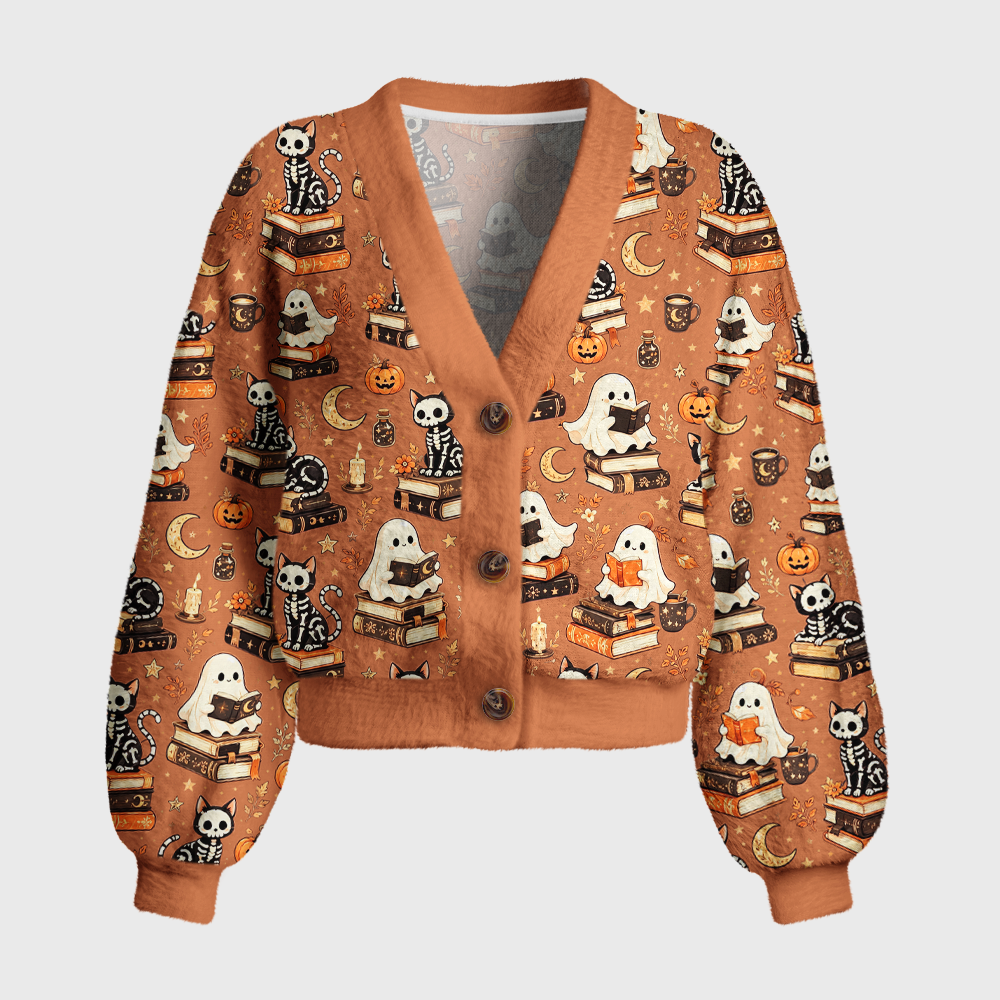 Pagewings Halloween cat reading Women's Cardigan Sweater