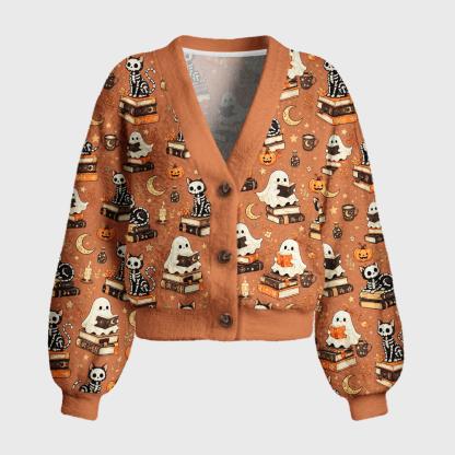 Pagewings Halloween cat reading Women's Cardigan Sweater