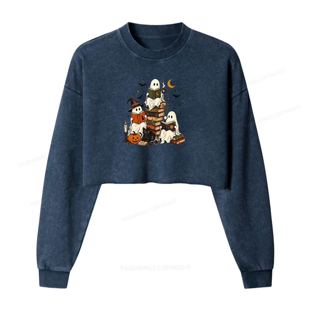 Pagewings Halloween Book Club Washed Crop Sweatshirt