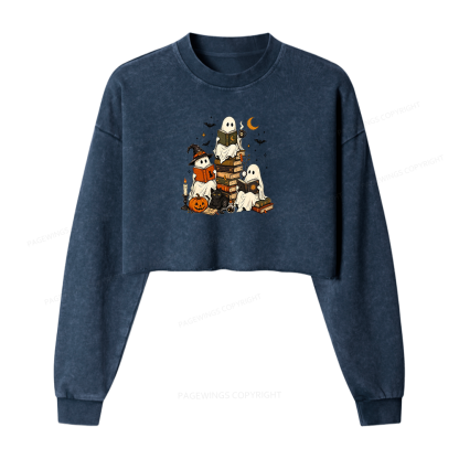 Pagewings Halloween Book Club Washed Crop Sweatshirt