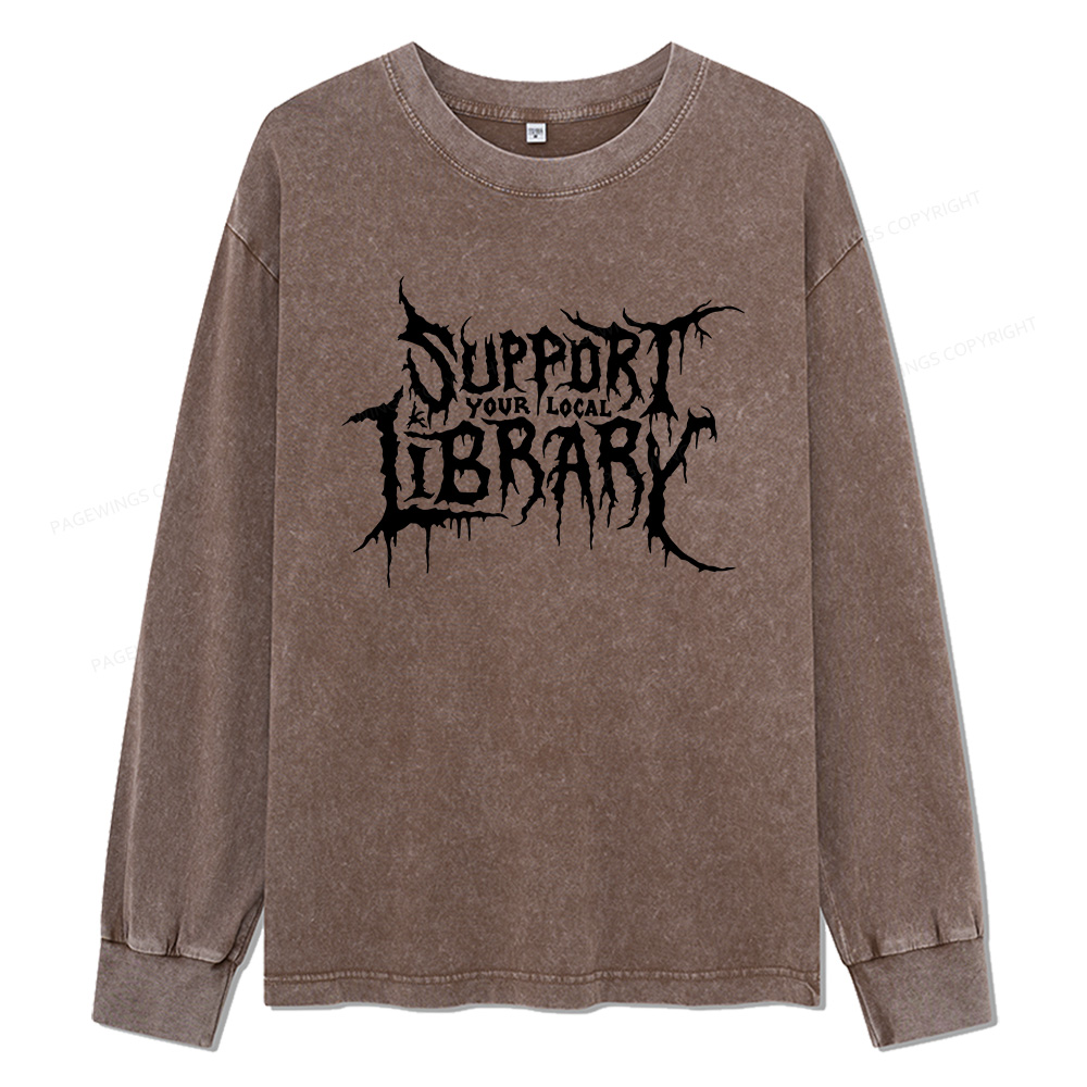 Pagewings Support Your Local Library Unisex Washed Long Sleeve T-shirt