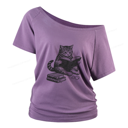 Pagewings Cat Reading Book Women Off Shoulder T-shirts