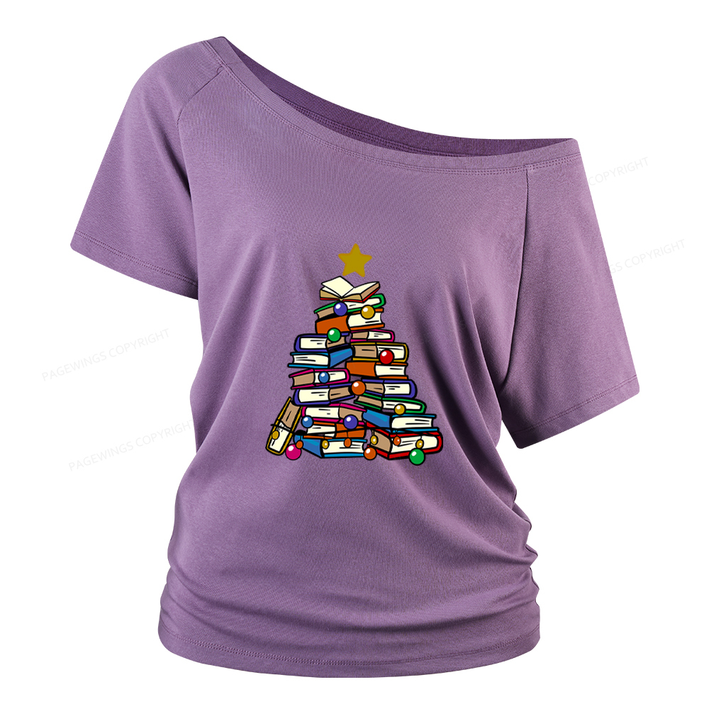 Pagewings Christmas Tree Bookworm Women Off Shoulder T-shirts