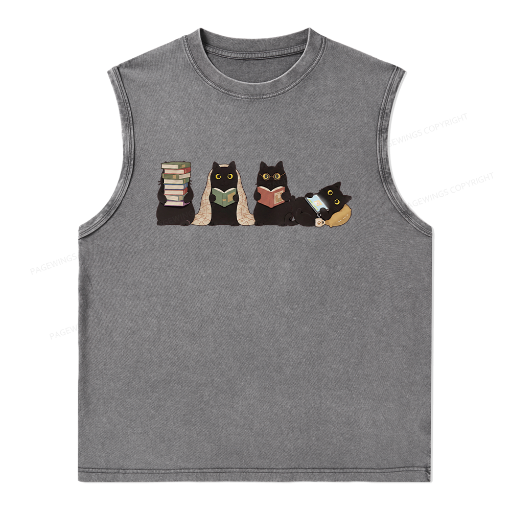 Pagewings Black Cats Reading Unisex Washed T-shirt Unisex Washed Tank Top