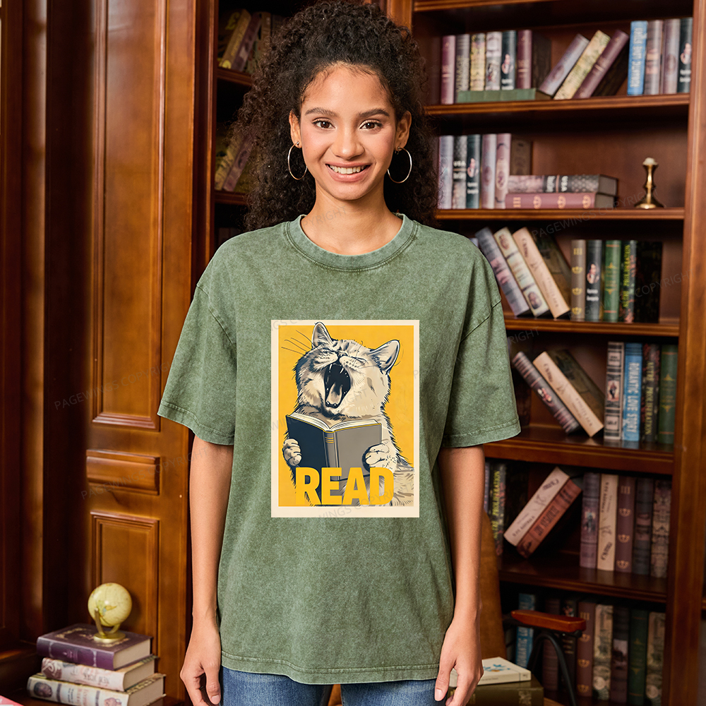 Pagewings Cat Read Books Unisex Washed T-shirt