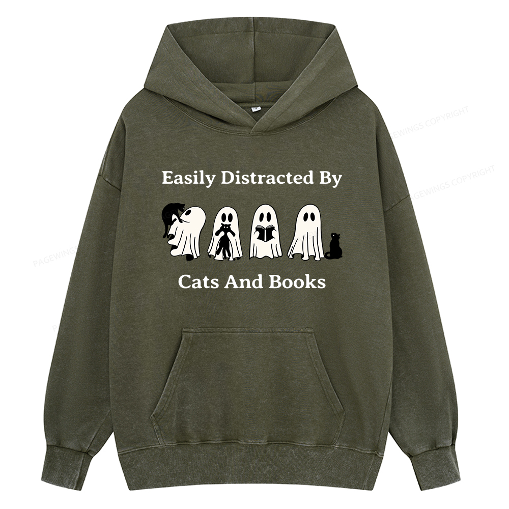 Pagewings Easily Distracted By Cats And Books Unisex Washed Hoodie