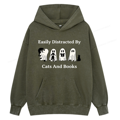 Pagewings Easily Distracted By Cats And Books Unisex Washed Hoodie