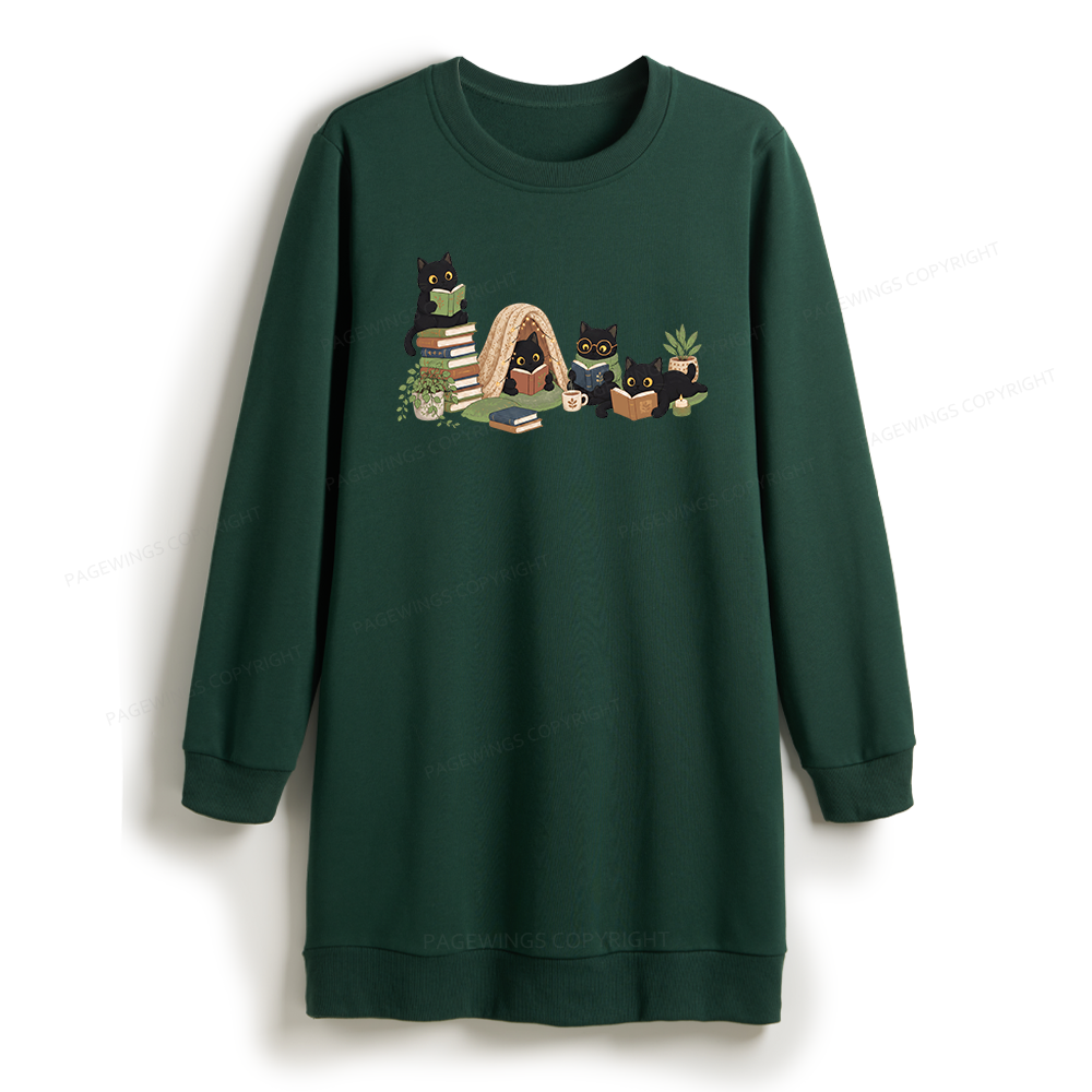 Pagewings Black Cat Reading Sweatshirt Dress