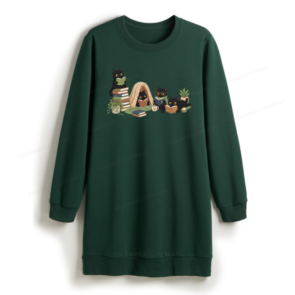 Pagewings Black Cat Reading Sweatshirt Dress