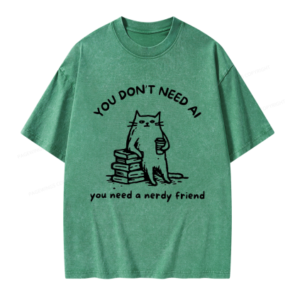 Pagewings Funny Cat Doodle Anti AI Unisex Washed T-shirt