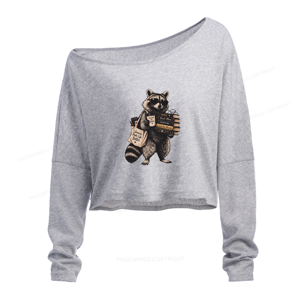 Pagewings Book Lover Raccoon Slouchy Long Sleeve Off Shoulder T-shirt