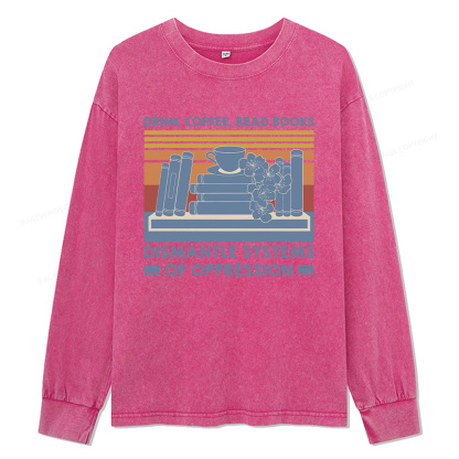 Pagewings Drink Coffee Read Books Unisex Washed Long Sleeve T-shirt