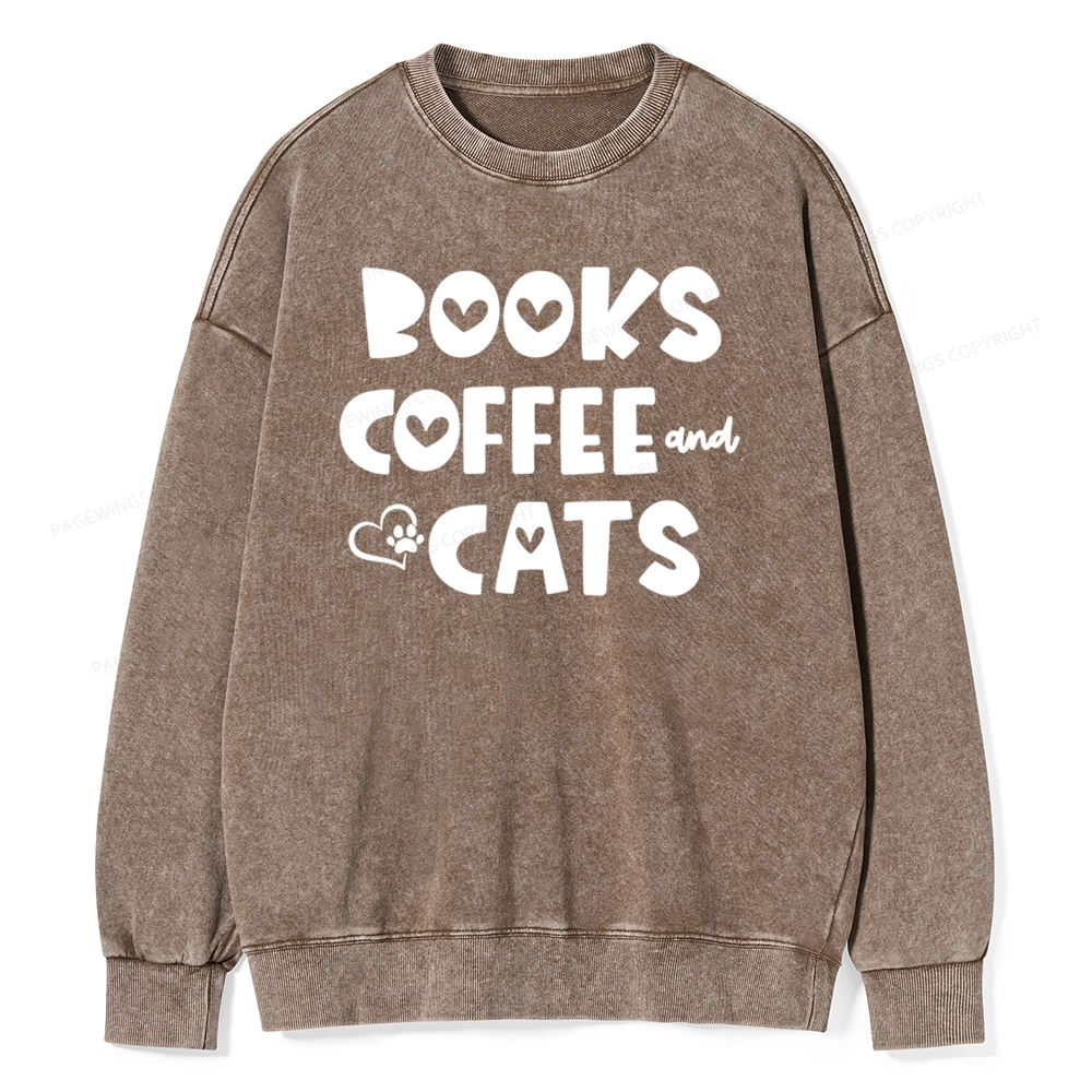 Pagewing Books Coffee and Cats Unisex Washed Sweatshirt